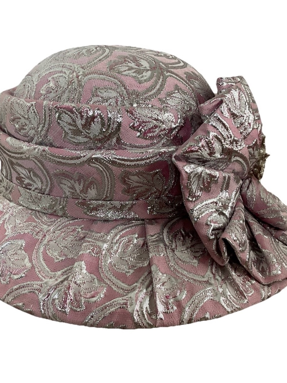 Mr Hi’s Classic Pink w/ Silver Metallic Hat w/Brooch ~Floral ~Church Hat - Picture 9 of 13